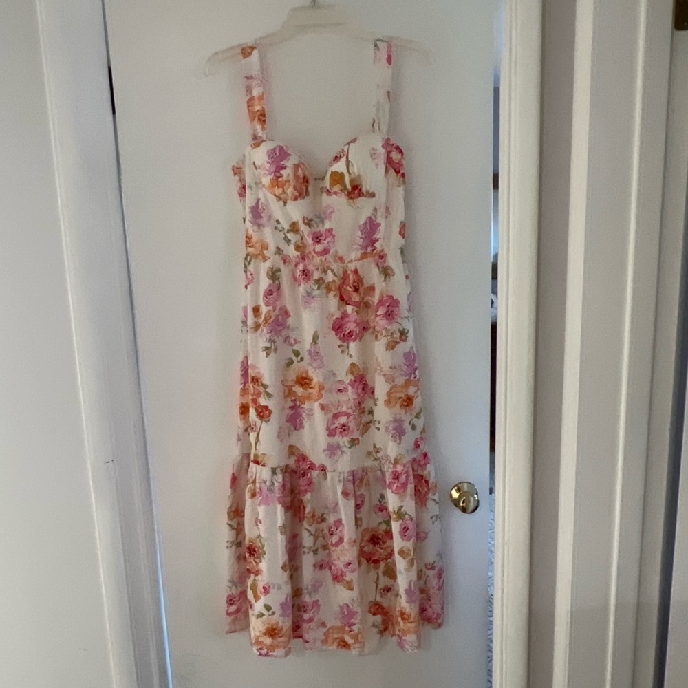 Mint Floral Midi Dress in White with Pink & Orange Blooms